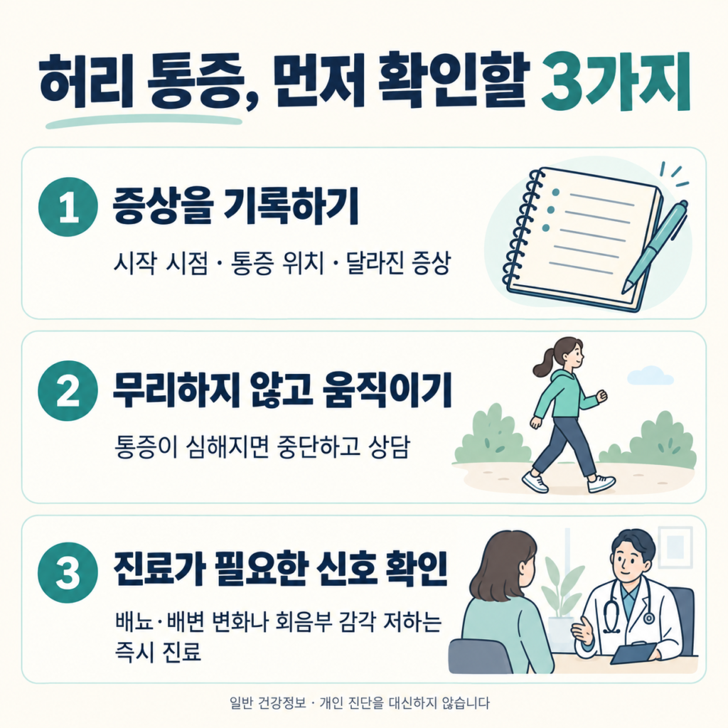 허리 통증의 시작과 변화를 기록하고 활동 중 악화되면 상담하며, 배뇨·배변 변화나 회음부 감각 저하가 있으면 즉시 진료받으라는 안내
