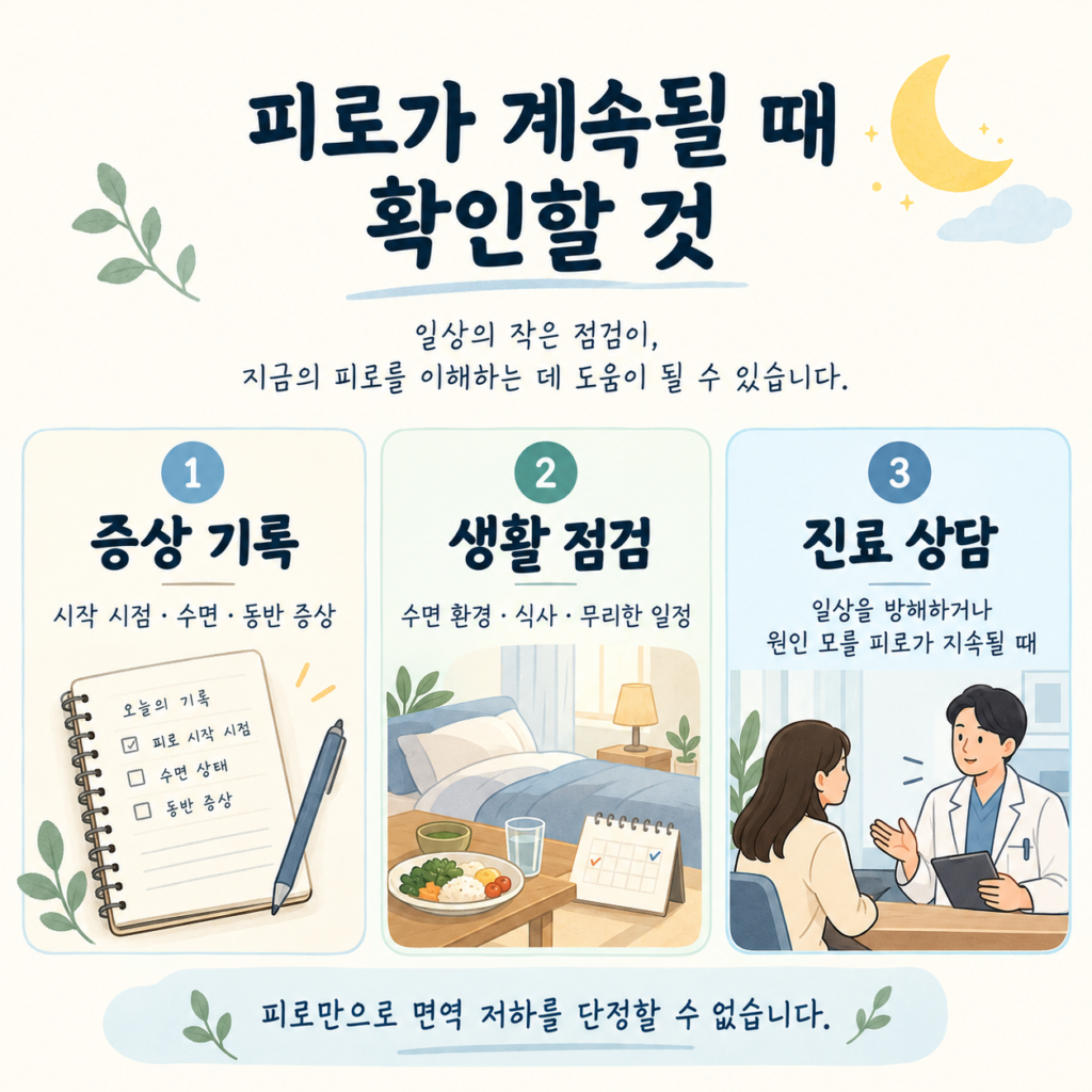 피로의 시작과 수면·동반 증상을 기록하고 생활을 점검하며 일상을 방해하는 지속적인 피로는 진료 상담이 필요하다는 안내