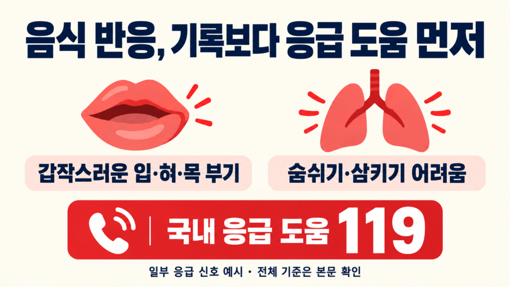 갑작스러운 입·혀·목 부기와 호흡·삼킴 곤란은 국내119 응급 도움이 먼저라는 안내