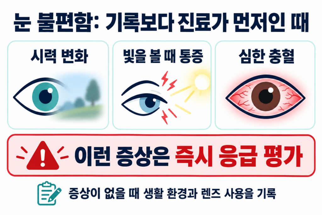시력 변화·빛을 볼 때 통증·심한 충혈은 응급 평가가 먼저라는 안내