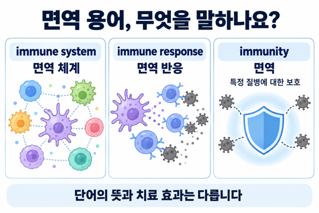 면역 체계·면역 반응·특정 질병에 대한 면역을 구분한 개념도