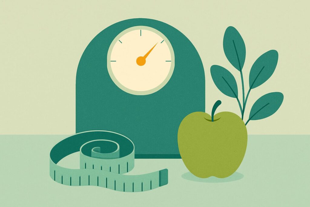 체중계와 줄자, 초록 사과를 그린 BMI 계산기 일러스트