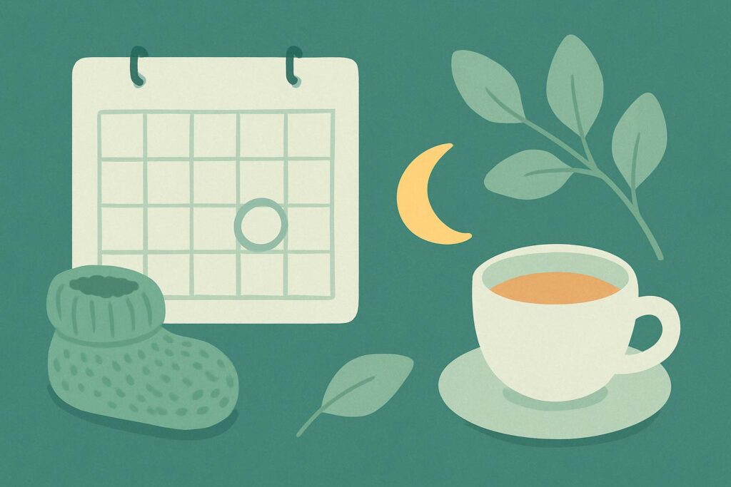 달력과 아기 양말, 찻잔을 차분하게 그린 출산 예정일 계산기 일러스트