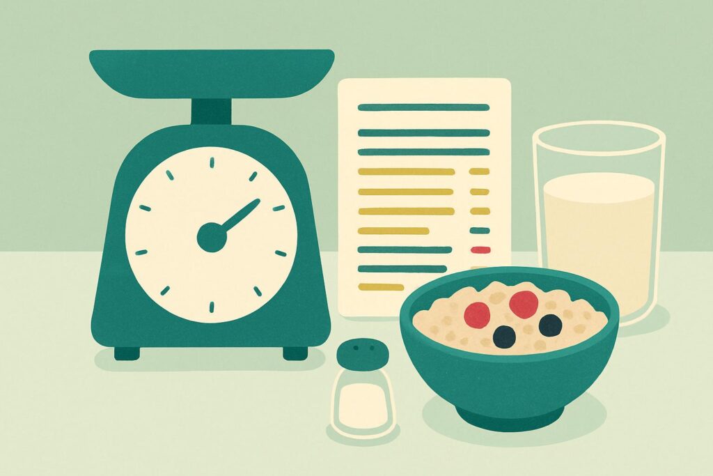 식품 저울과 영양성분표 카드, 귀리죽 그릇, 우유 한 잔, 소금통을 그린 영양성분표 계산기 일러스트
