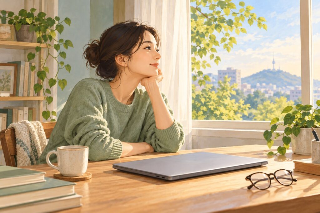 노트북 사용을 멈추고 창밖을 보는 가상 인물과 책상 위 안경을 그린 눈 휴식 삽화