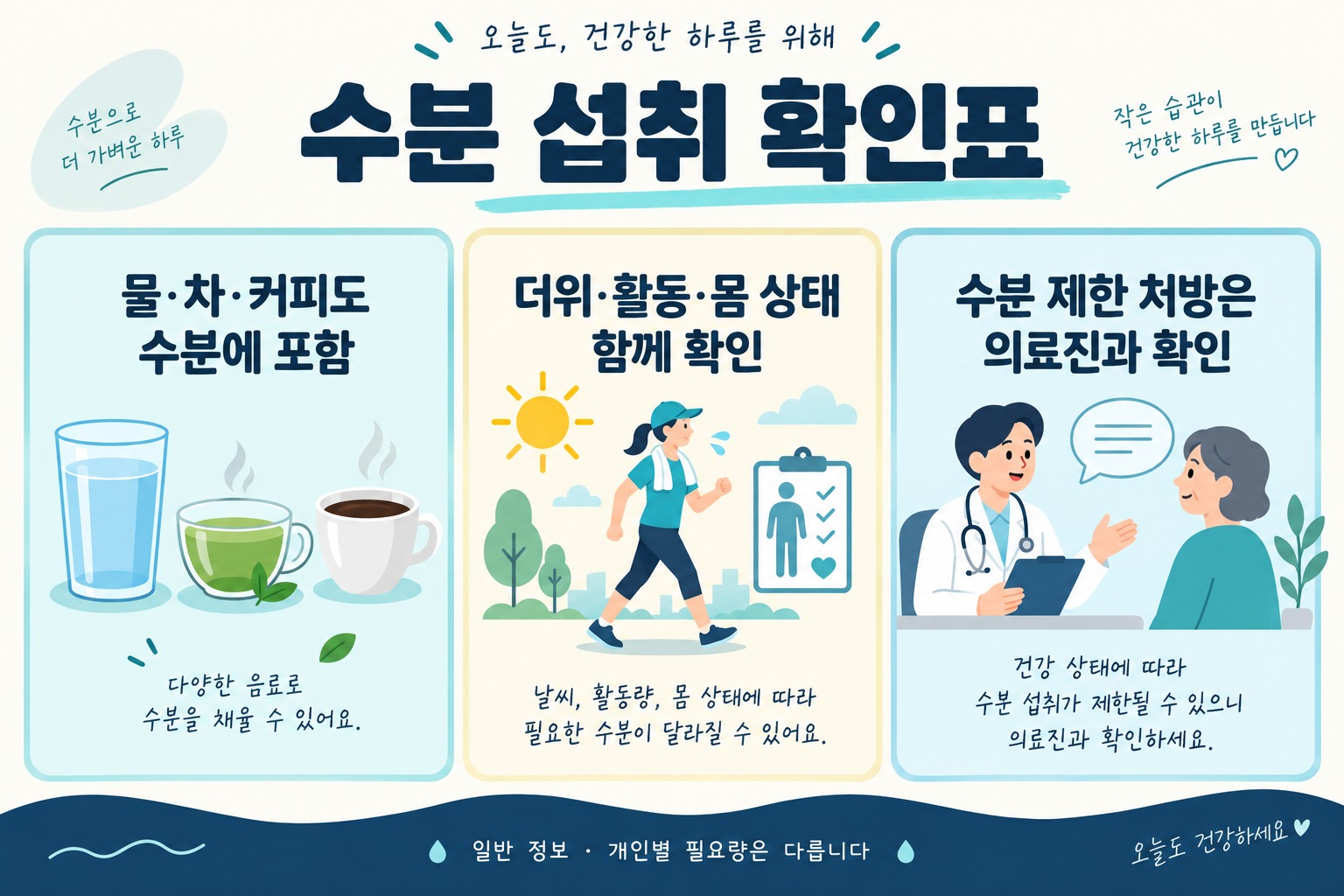 물·차·커피 등 수분에 포함되는 음료, 더위·활동·몸 상태와 수분 제한 처방 확인