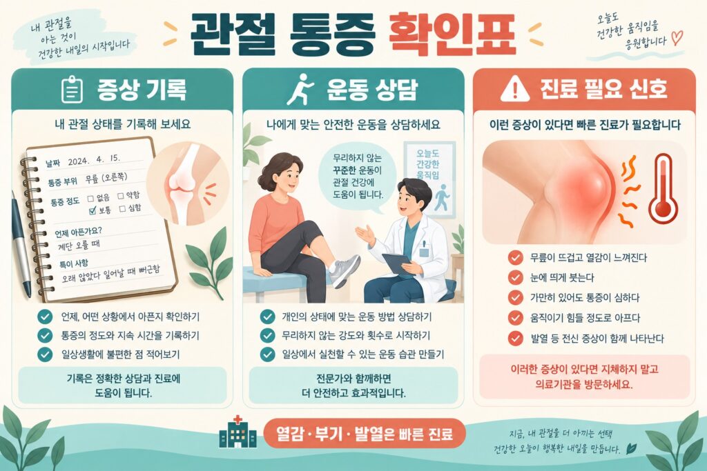 관절 통증 확인: 증상 기록·운동 상담·진료가 필요한 신호