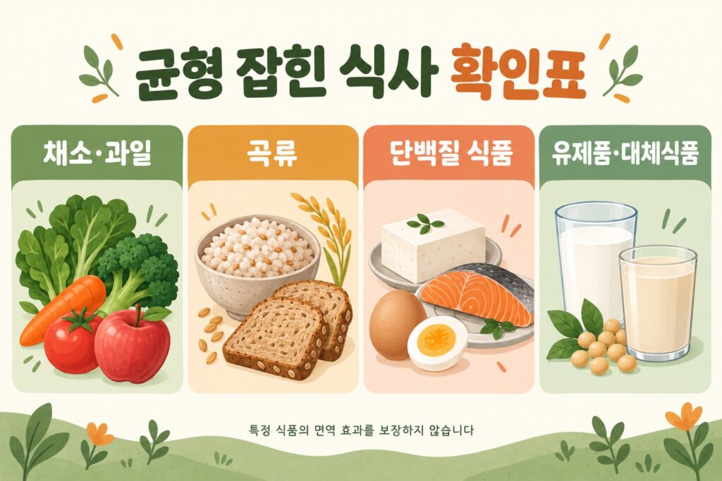균형 잡힌 식사의 채소·과일, 곡류, 단백질 식품, 유제품·대체식품