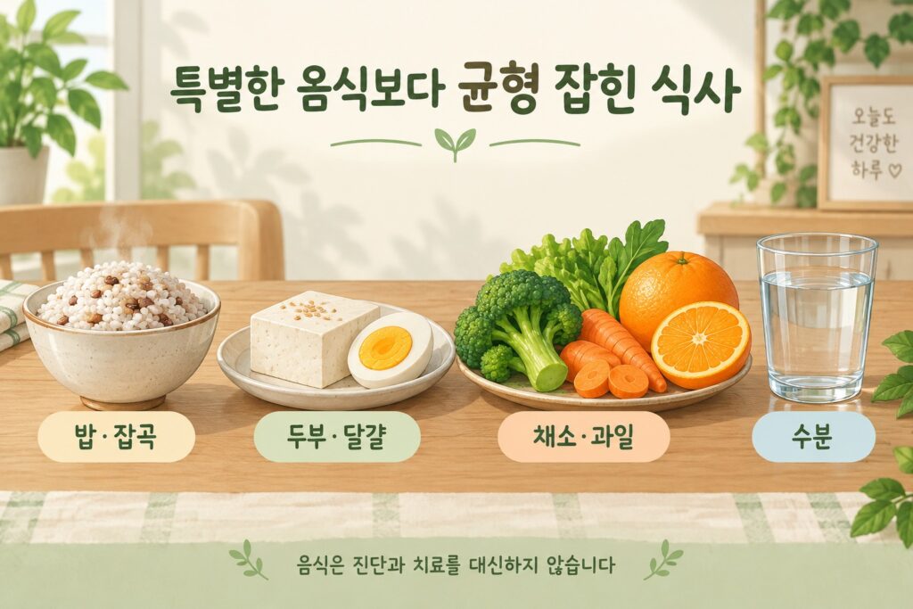 밥·잡곡, 두부·달걀, 채소·과일, 수분을 보여주는 식사 예시