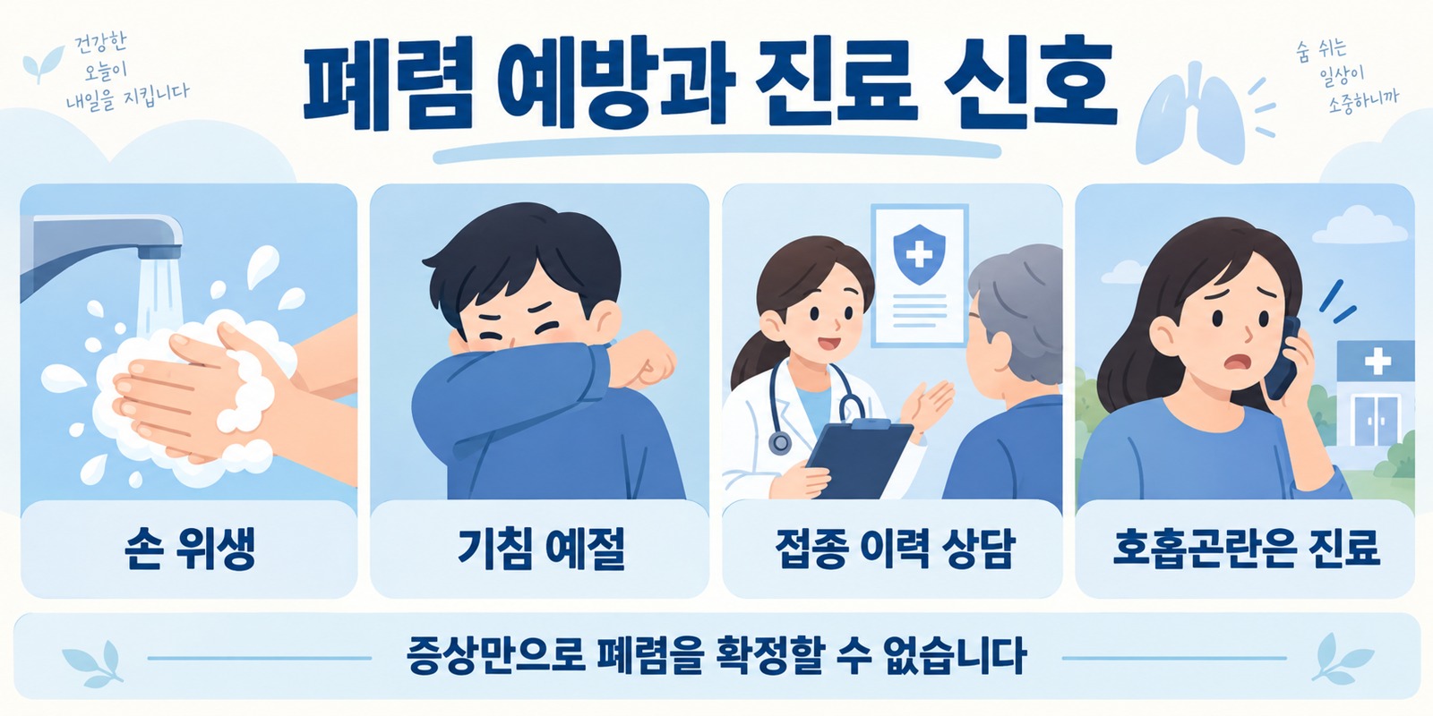 폐렴 예방과 진료 신호: 손 위생·기침 예절·접종 이력 상담·호흡곤란 진료
