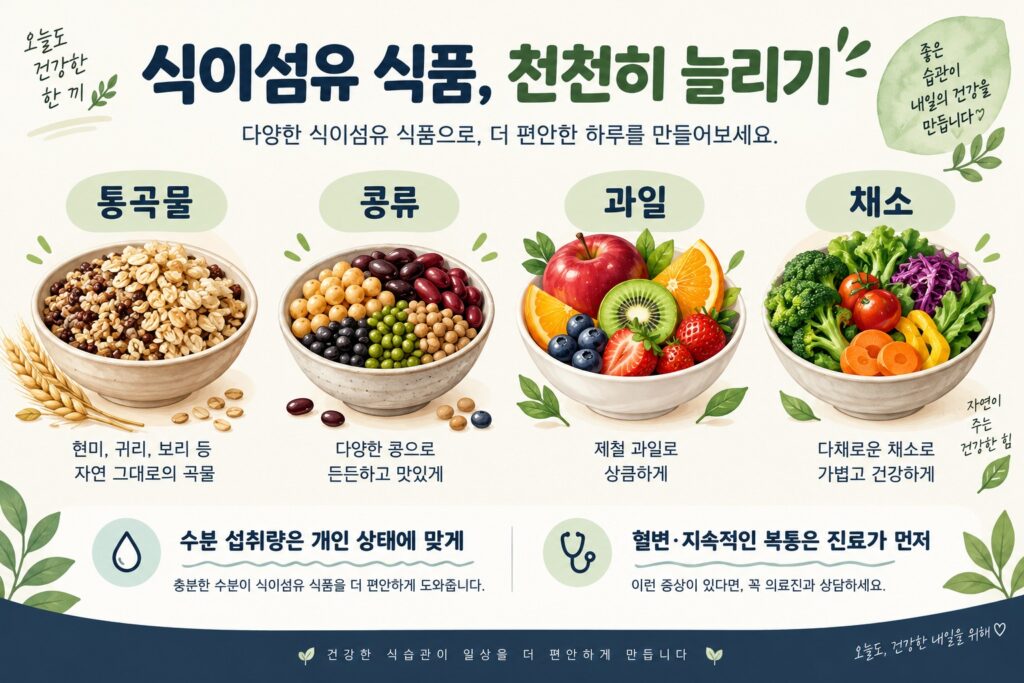 식이섬유 식품 네 군: 통곡물·콩류·과일·채소; 혈변·지속 복통은 진료 우선